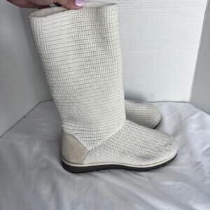 ✨SO Womens Cream Knit Tall Boots Size8 Side Zip Up Suede Heel Casual Cozy